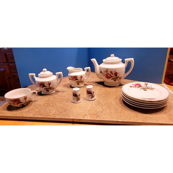 Vintage Miniature Porcelain Tea Set Pink Rose Floral Gold Trim Collection